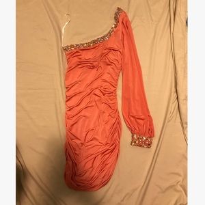 One Sleeve Short Coral Dress with Gemstones